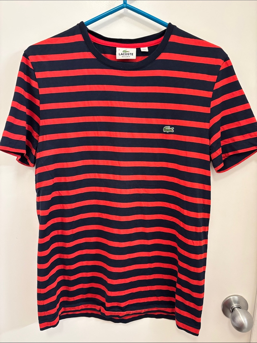 Lacoste Red and Navy Striped Crew Neck T-Shirt